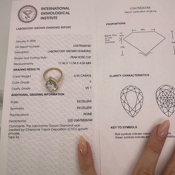 6.55 carat F VS1 rose cut pear shaped diamond bezel solitaire engagement ring - Picture 3 of 9